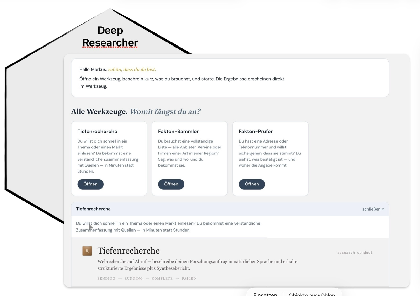 Spielkachel Deep Researcher — Recherche auf Abruf