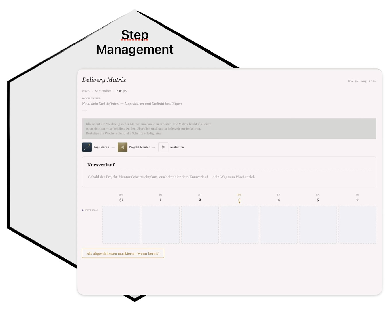 Spielkachel Step Management — die Woche als Delivery Matrix